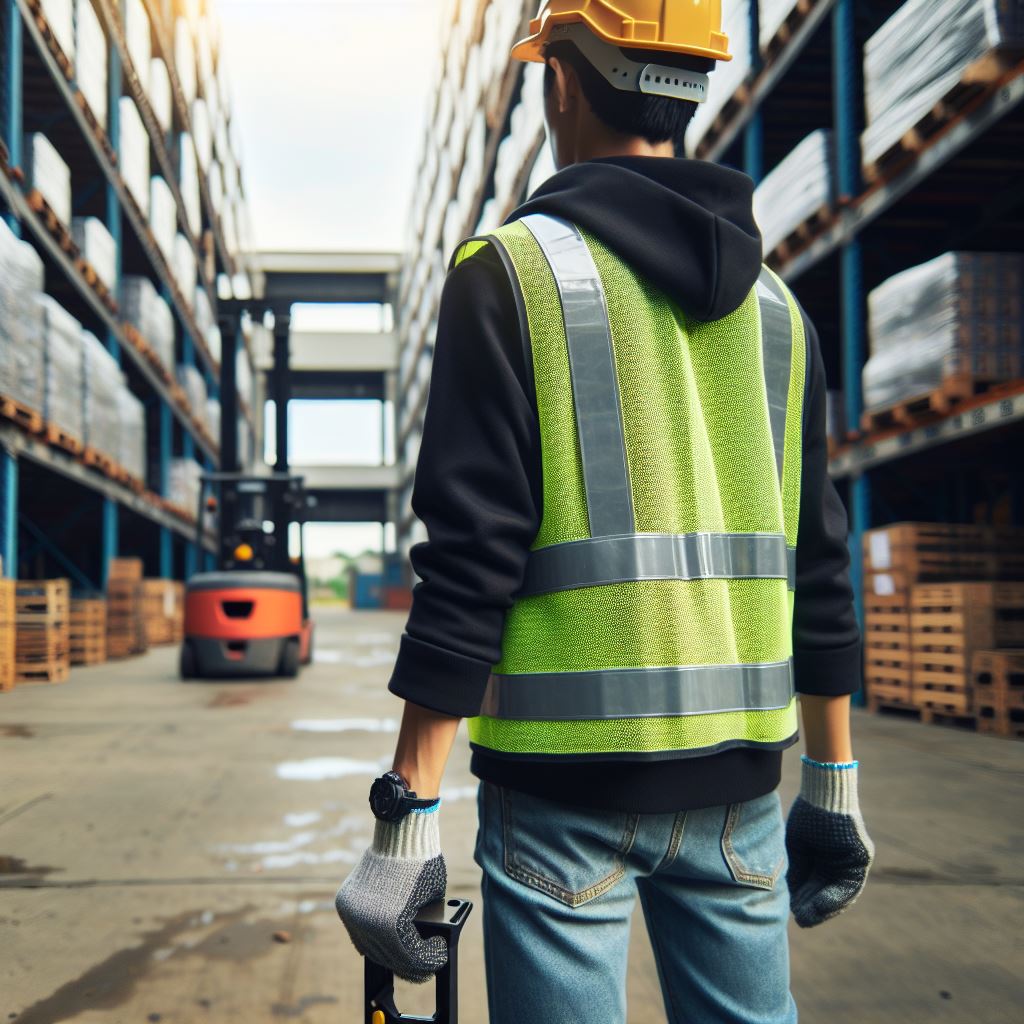 personne avec gilet fluo travaillant dans un dépot
